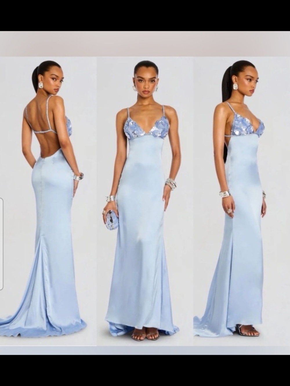 Retrofete Powder Blue Satin Mermaid Gown with Embellished Bodice